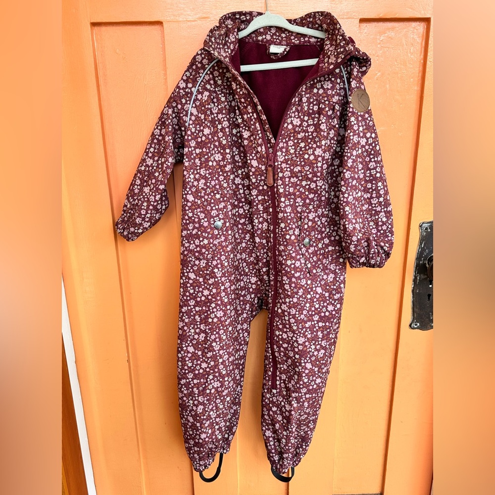 Kuling Swedish Brand Burgundy Floral Kids Rain and Snow suit. Fleece lined EUC